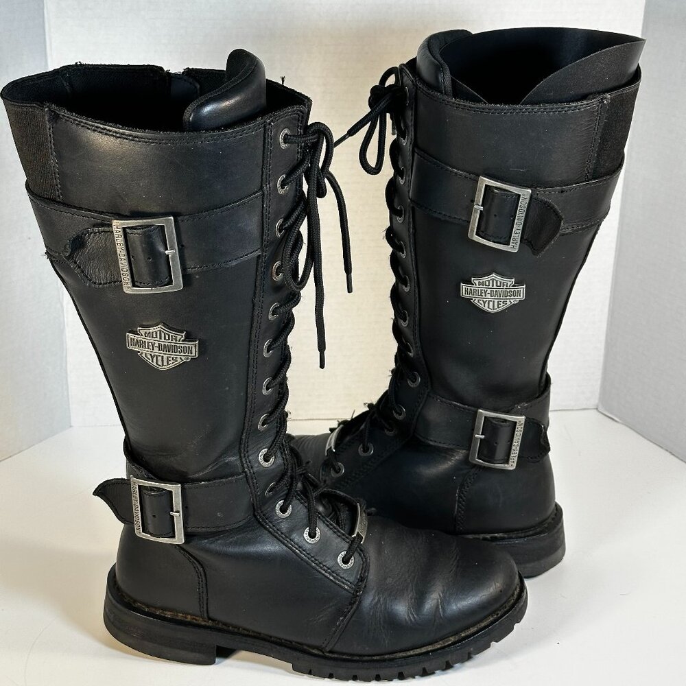 Harley-Davidson Black Leather Lace-Up Buckle Heeled Motorcycle Boots